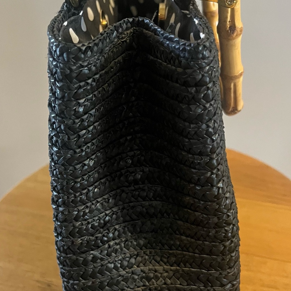 Elegant Black and Tan Woven Tote with Bamboo Handles - Picture 3 of 6